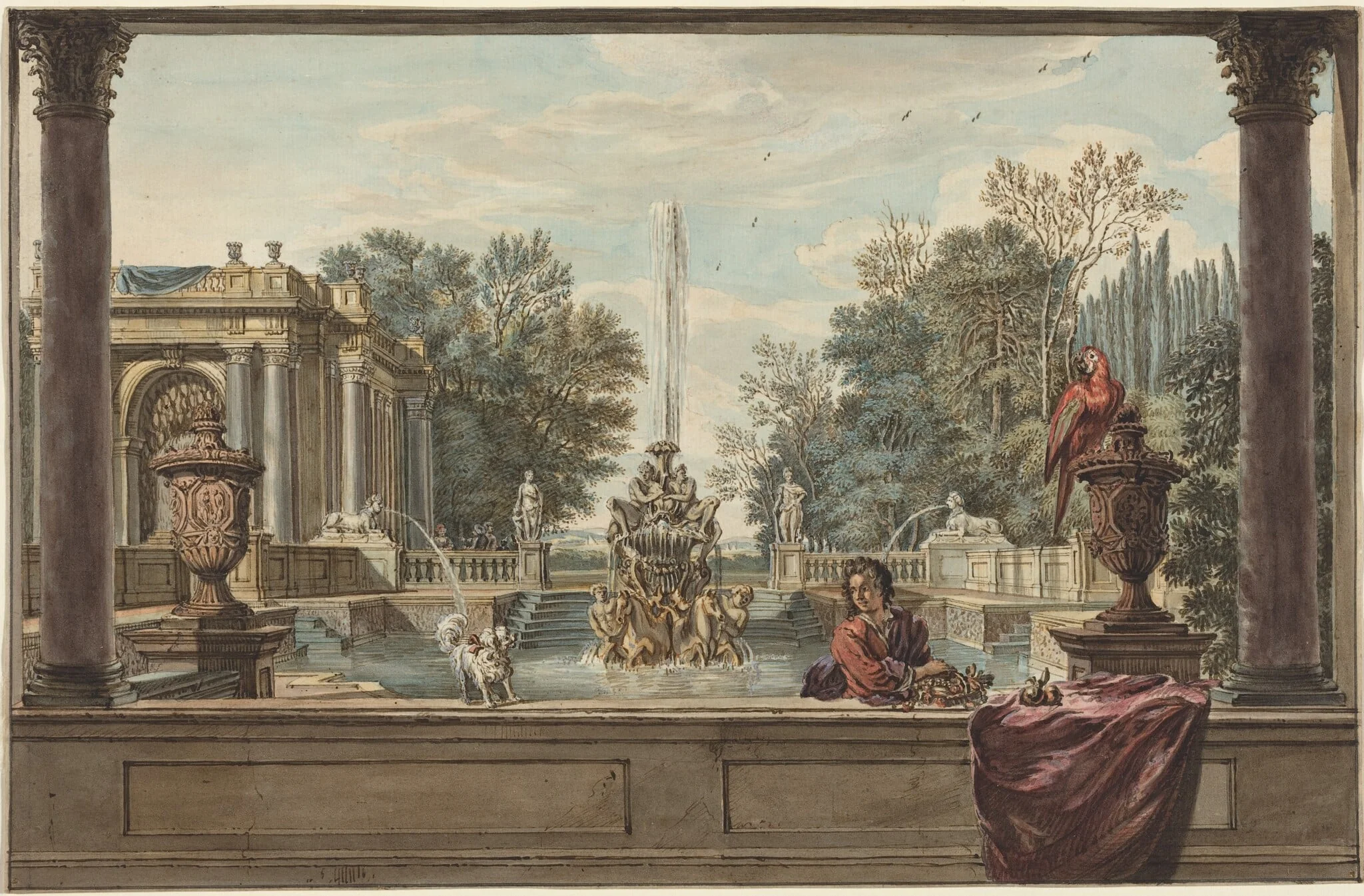 An Italianate Garden with a Parrot, a Poodle, and a Man, detail
