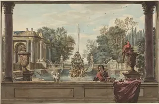 An Italianate Garden with a Parrot, a Poodle, and a Man, by Isaac de Moucheron, chalk, 1734