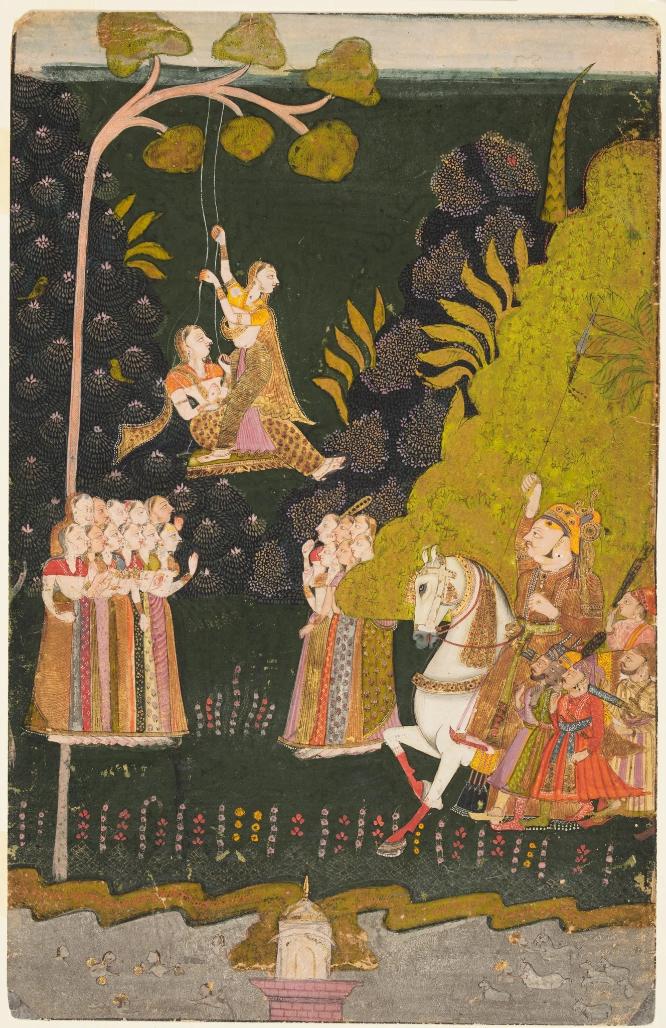 Maharaja Abhai Singh of Marwar (reigned 1724–49), Equestrian, Watching Girls Swinging at the Teej Festival, detail