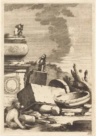 Ruins with Monkeys and an Owl, by Bernhard Zaech, ink, 1650