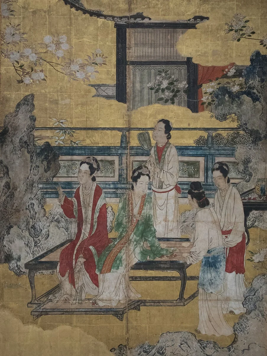 伝狩野永徳筆 唐美人図|Chinese Women in a Palace Garden, detail