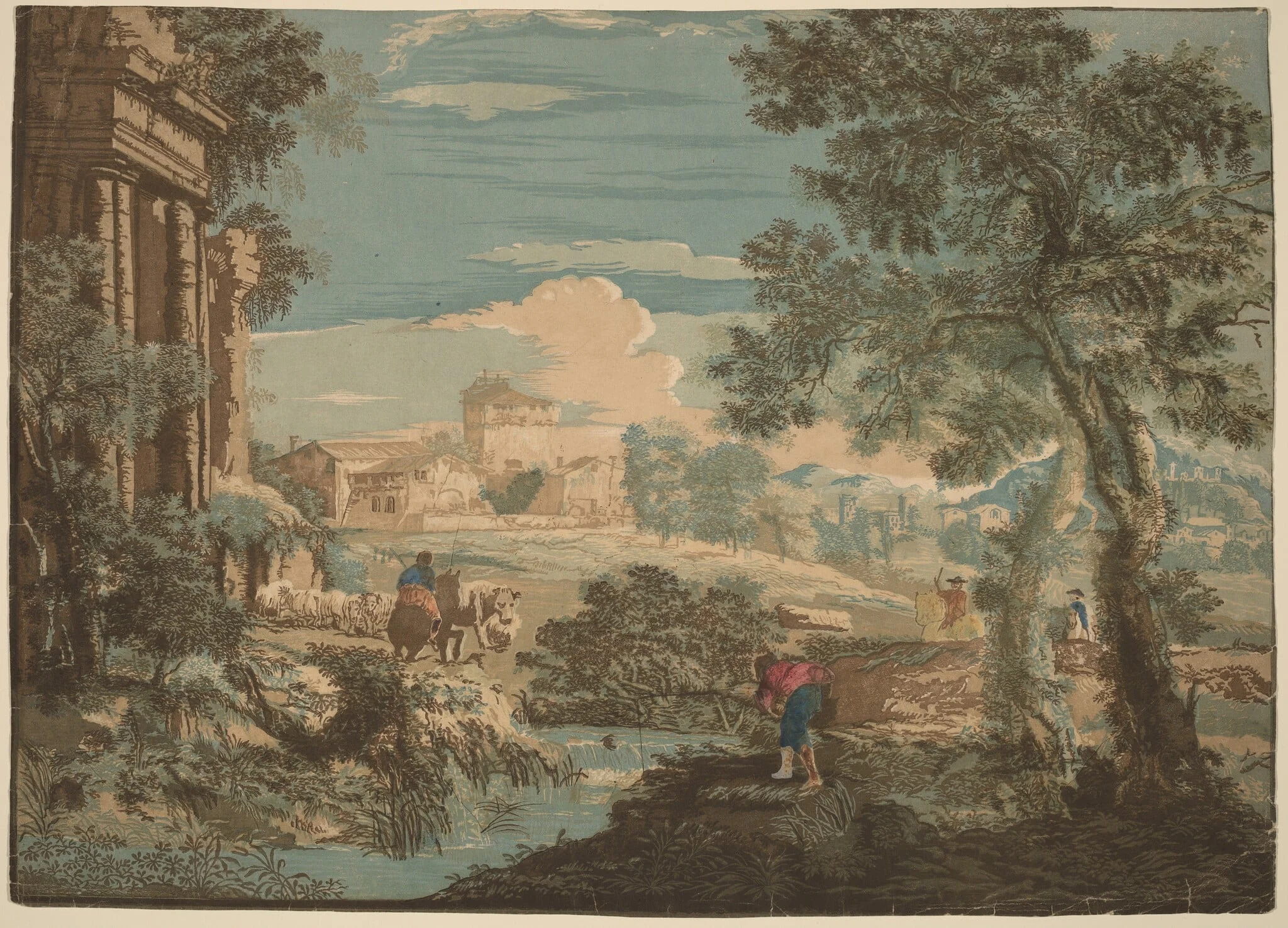 Heroic Landscape with Fisherman, Cows, and Horsemen, detail