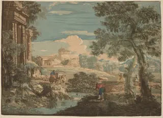 Heroic Landscape with Fisherman, Cows, and Horsemen, by John Baptist Jackson, ink, 1744