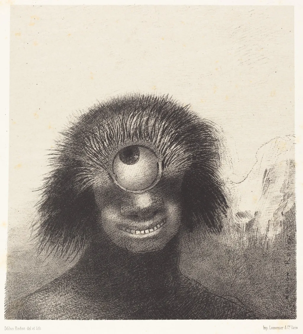 Le Polype difforme flottait sur les rivages, sorte de cyclope souriant et hideux (The deformed polyp floated on the shores, a sort of smiling and hideous Cyclops), by Odilon Redon, ink, 1883