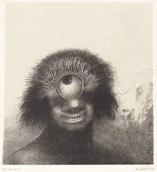 Le Polype difforme flottait sur les rivages, sorte de cyclope souriant et hideux (The deformed polyp floated on the shores, a sort of smiling and hideous Cyclops), by Odilon Redon, ink, 1883