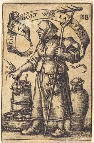 Peasant Woman at Market, by Sebald Beham, ink, 1542