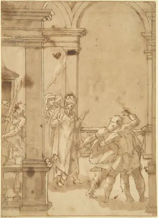 Two Figures Struggling before a King, by Cesare Nebbia, chalk, 1568