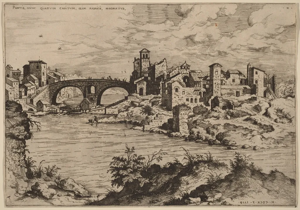 View of the Ponte Quattro Capi and the Island of the Tiber, by Hieronymus Cock, ink, 1550