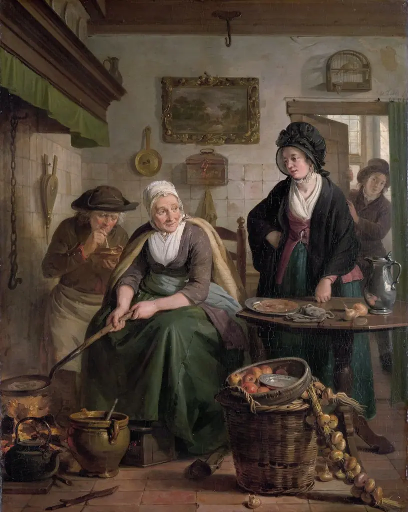 Woman Baking Pancakes, by Adriaan de Lelie, oil, 1800