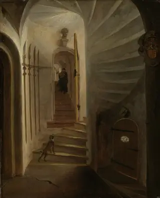 Portal of a stairway tower, with a man descending the stairs: presumably the moment before the assassination of William the Silent in the Ptinsenhof, Delft, by Egbert van der Poel, oil, 1650