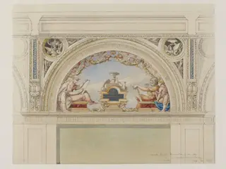 Design for decorative lunette: 'Model Drawing', by Godfrey Sykes, 1863