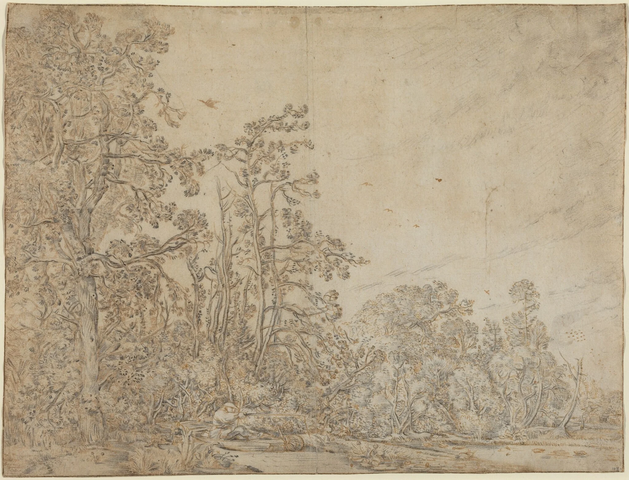 Woodland Pond with a Fisherman, detail