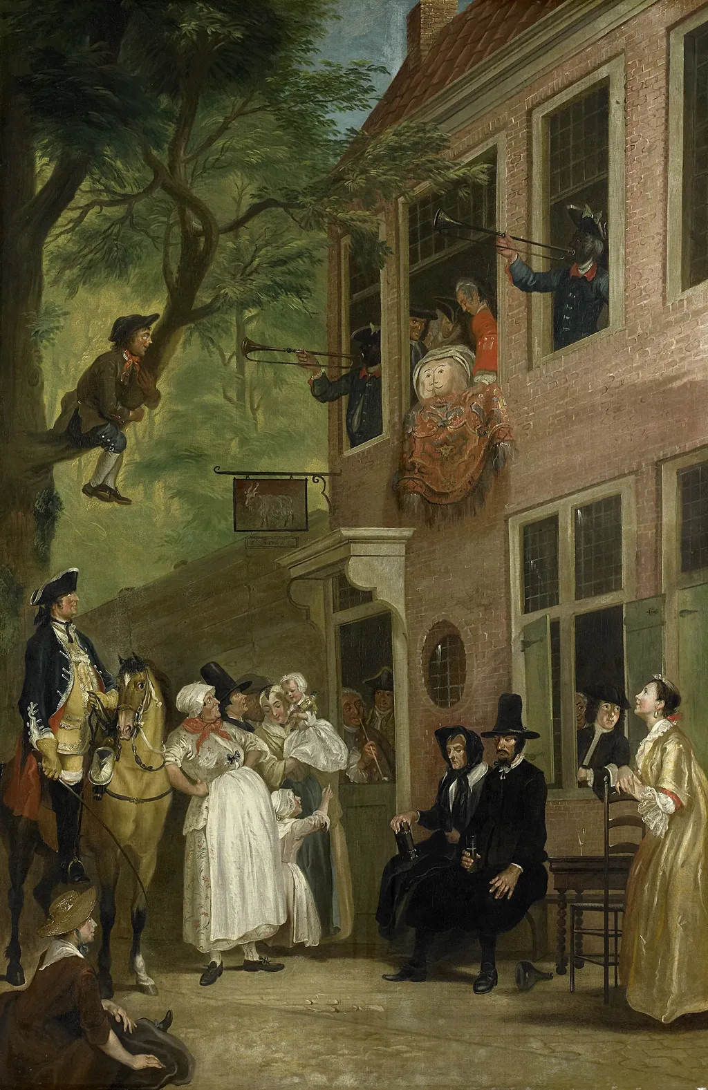 Misled: The Ambassador of the Rascals exposes himself from the window of 't Bokki Tavern in the Haarlemmerhout, by Cornelis Troost, oil, 1750