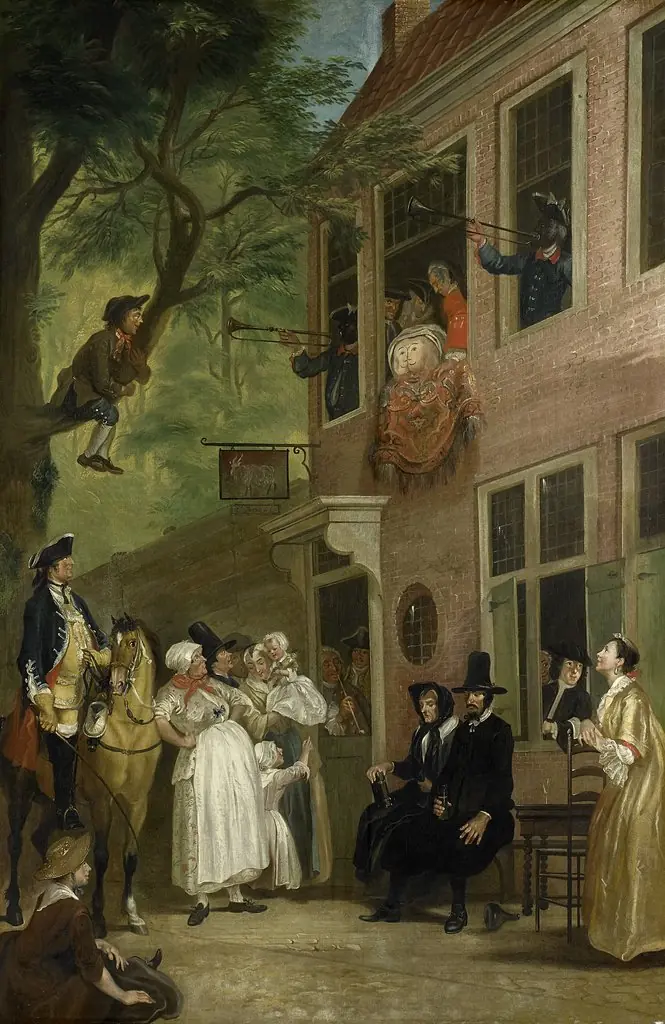 Misled: The Ambassador of the Rascals exposes himself from the window of 't Bokki Tavern in the Haarlemmerhout, by Cornelis Troost, oil, 1750