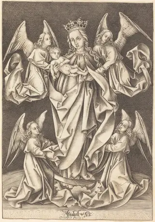 The Madonna and Child on the Crescent Supported by Four Angels, by Israhel van Meckenem, ink, 1495