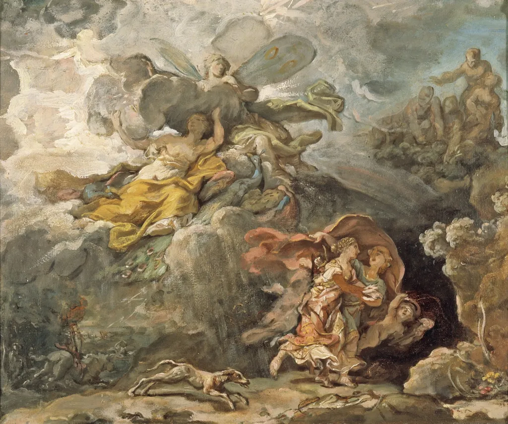 Aeneas and Dido Fleeing the Storm, by Jean-Bernard Restout, unspecified, 1772