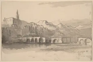 Bridge with Mountains in the Distance (Ventimiglia), by Edward Lear, graphite, 1884