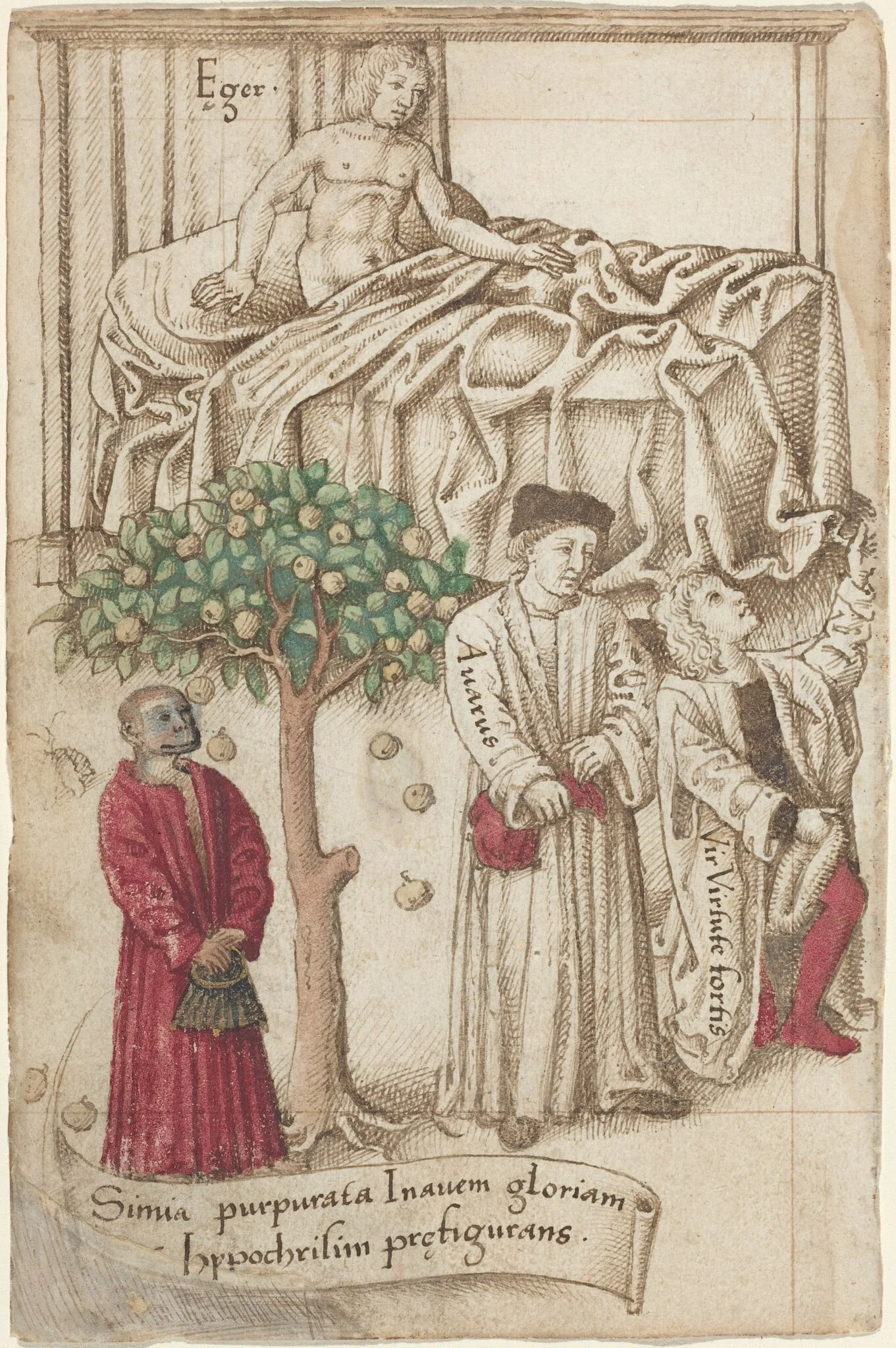An Ape in Purple with a Sick Man, a Good Man, and a Miser [fol. 36 verso], detail