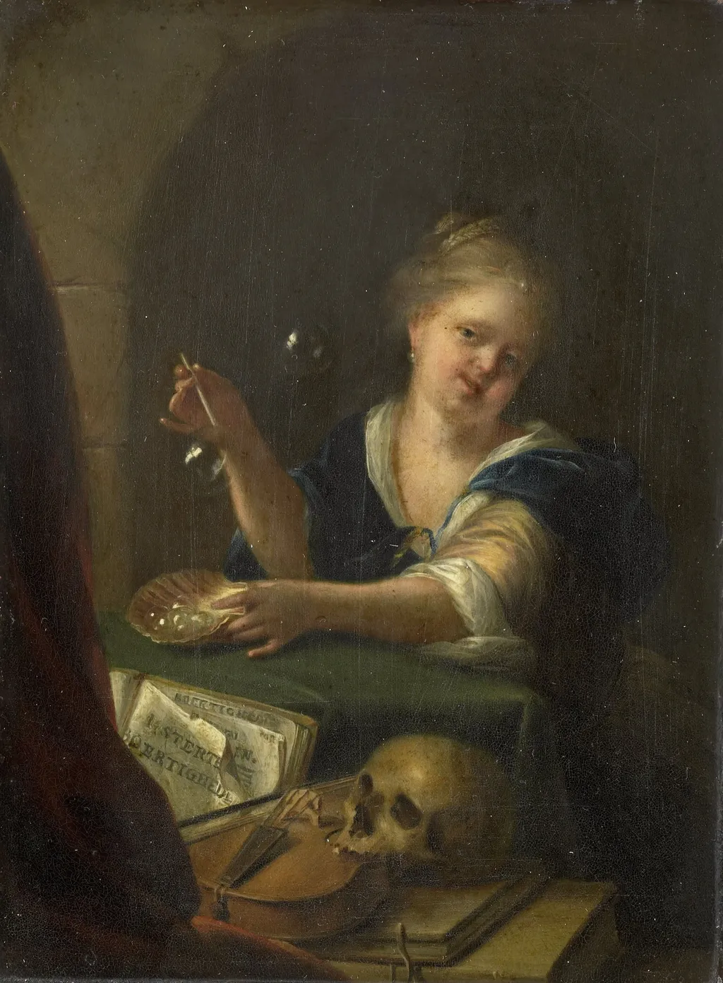 Bubble-blowing Girl with a Vanitas Still Life, by Adriaen van der Werff, oil