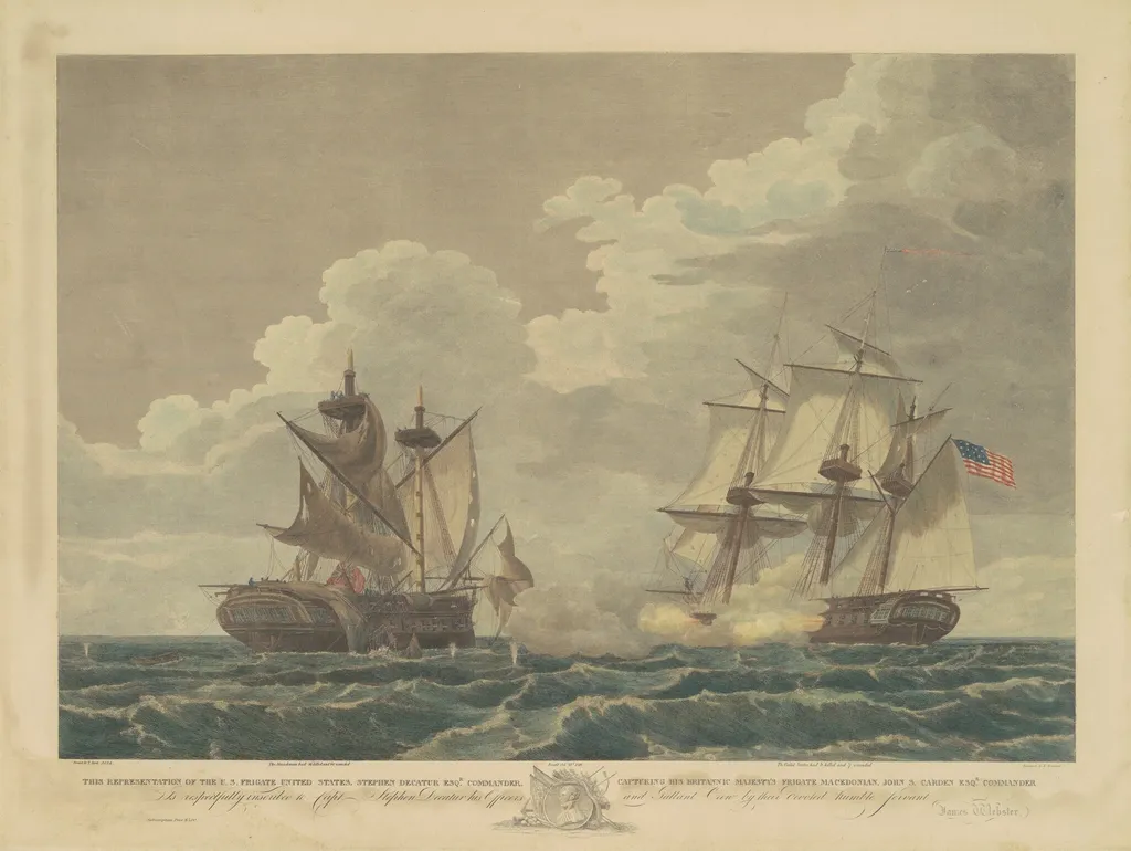 The U.S. Frigate United States Capturing His Britannic Majesty's Frigate Macedonian, by Samuel Seymour, ink, 1815