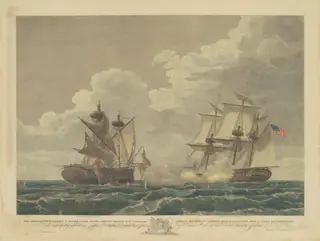 The U.S. Frigate United States Capturing His Britannic Majesty's Frigate Macedonian, by Samuel Seymour, ink, 1815