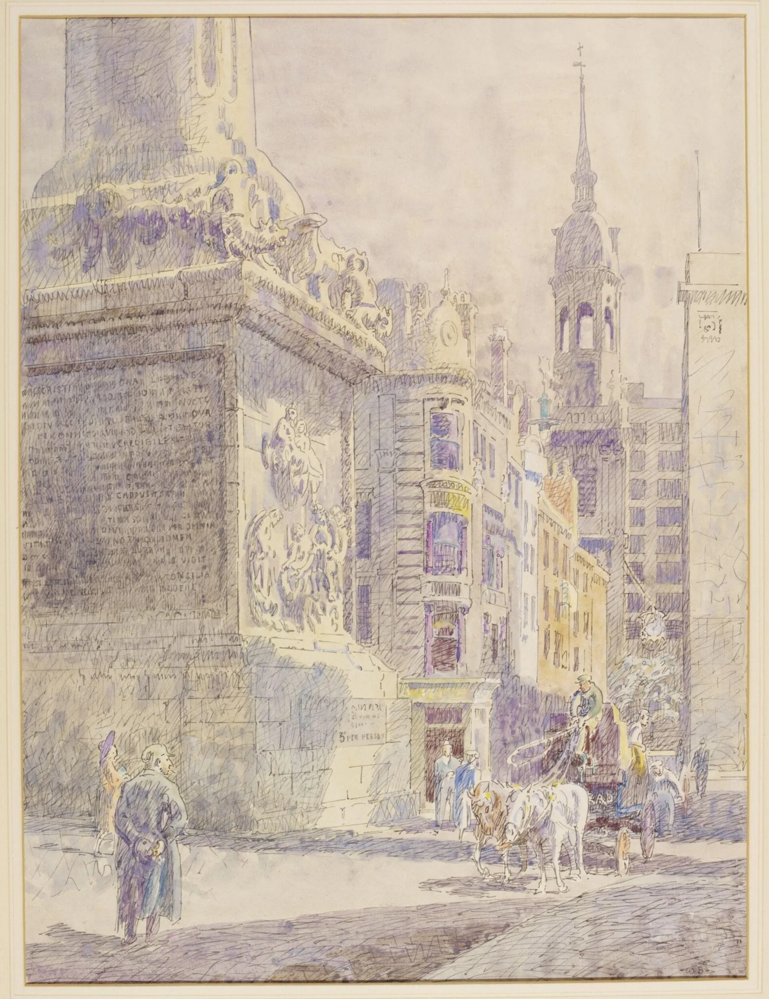 Fish Street Hill, E.C.3; showing the base of the Monument, and the steeple of St.Magnus the Martyr, detail