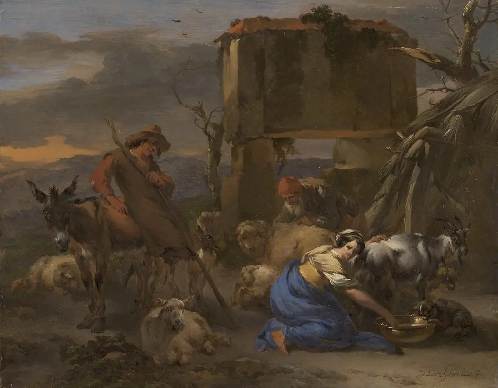 Pastoral Scene with a Shepherdess Milking a Goat, by Nicolaes Pieterszoon Berchem, unspecified, 1667