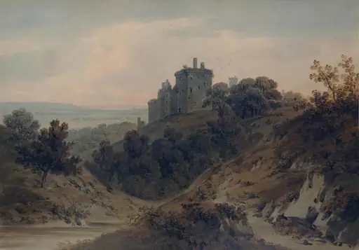 Castle Campbell, looking down Glen Devon, Clackmannanshire, by Hugh William Williams, watercolor, 1795