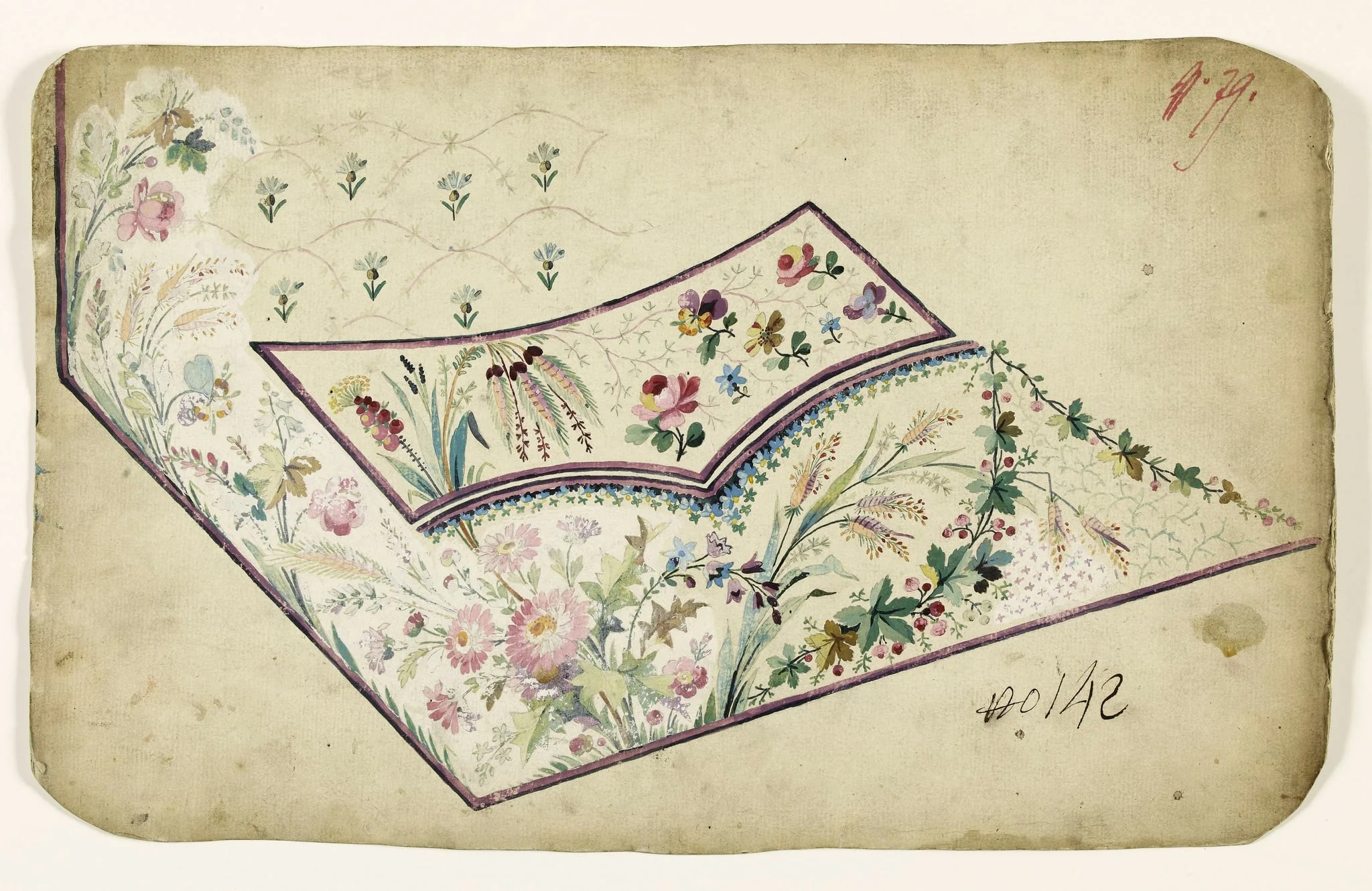 Bouquets de fleurs et d'épis et guirlandes de feuilles, projets de broderies de gilet, XVIIIème siècle, detail