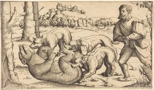 Bear Hunt, by Augustin Hirschvogel, ink, 1545