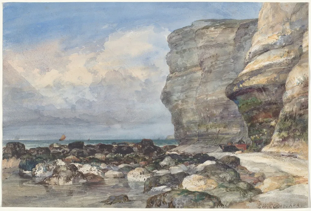 The Rocky Beach and Cliffs at Fécamp, by Edward William Cooke, watercolor, 1834