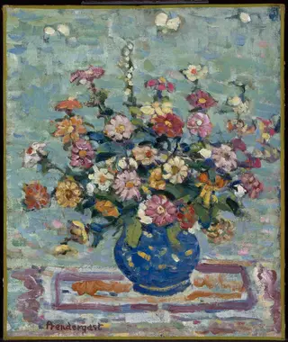 Flowers in a Blue Vase, by Maurice Prendergast, oil, 1911