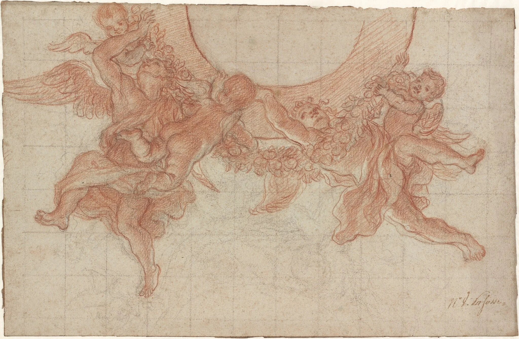 Angels and Putti Flying with a Garland: Design for a Ceiling, detail
