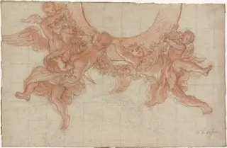 Angels and Putti Flying with a Garland: Design for a Ceiling, by Charles de La Fosse, chalk, 1675