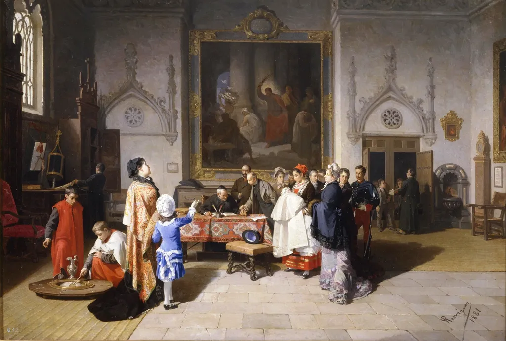 En la sacristía. ¿Mamá por qué pega Jesús a ese hombre?, by Pedro Rodríguez de la Torre, oil, 1891