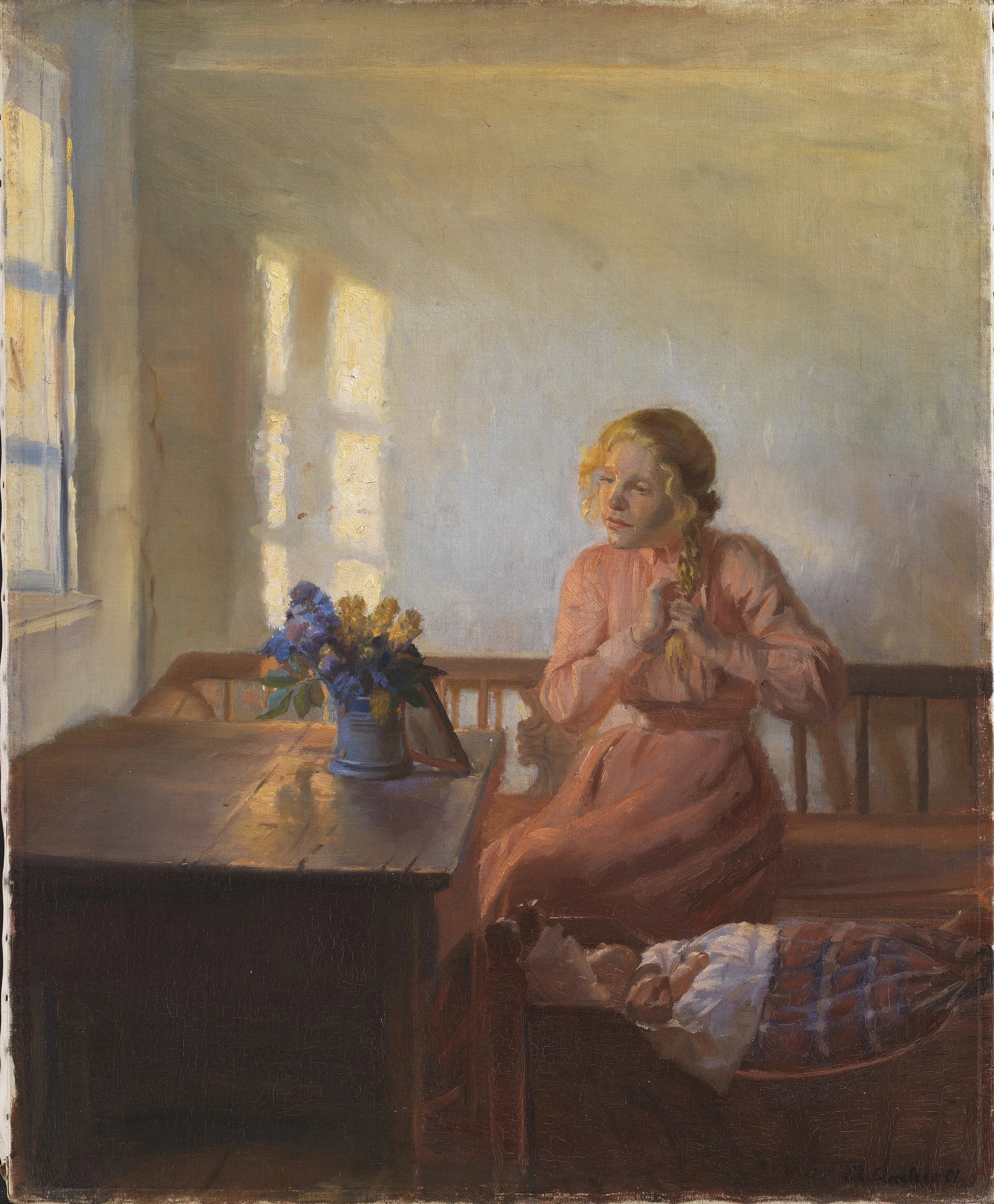 A Young Girl Plaiting her Hair, detail