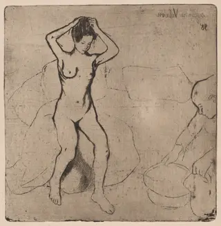 Catherine prépare le tub et Louise nue se coiffe (Catherine Prepares the Bath and Louise, Nude, Fixes her Hair), by Suzanne Valadon, ink, 1895