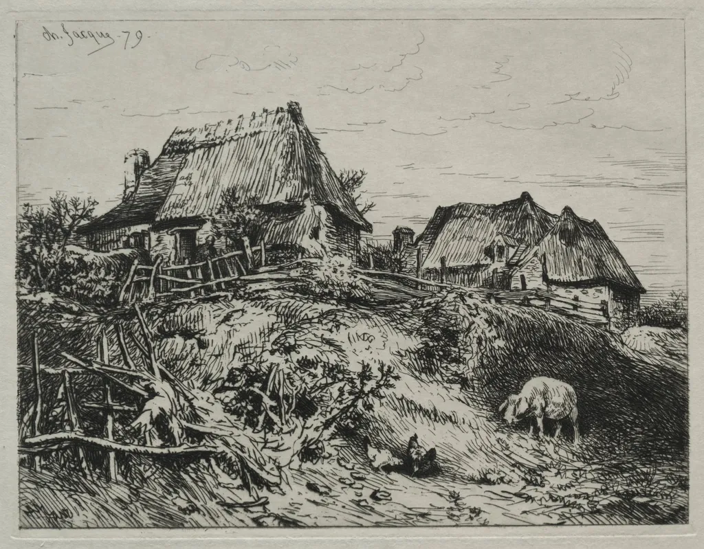 Two Cottages on a Bank, by Charles Jacque, 1879