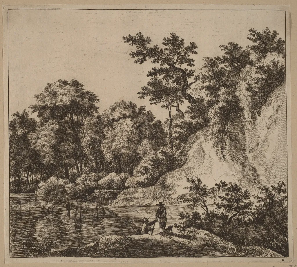 Landscape with River and Rock, by Jan Hackaert, ink, 1664