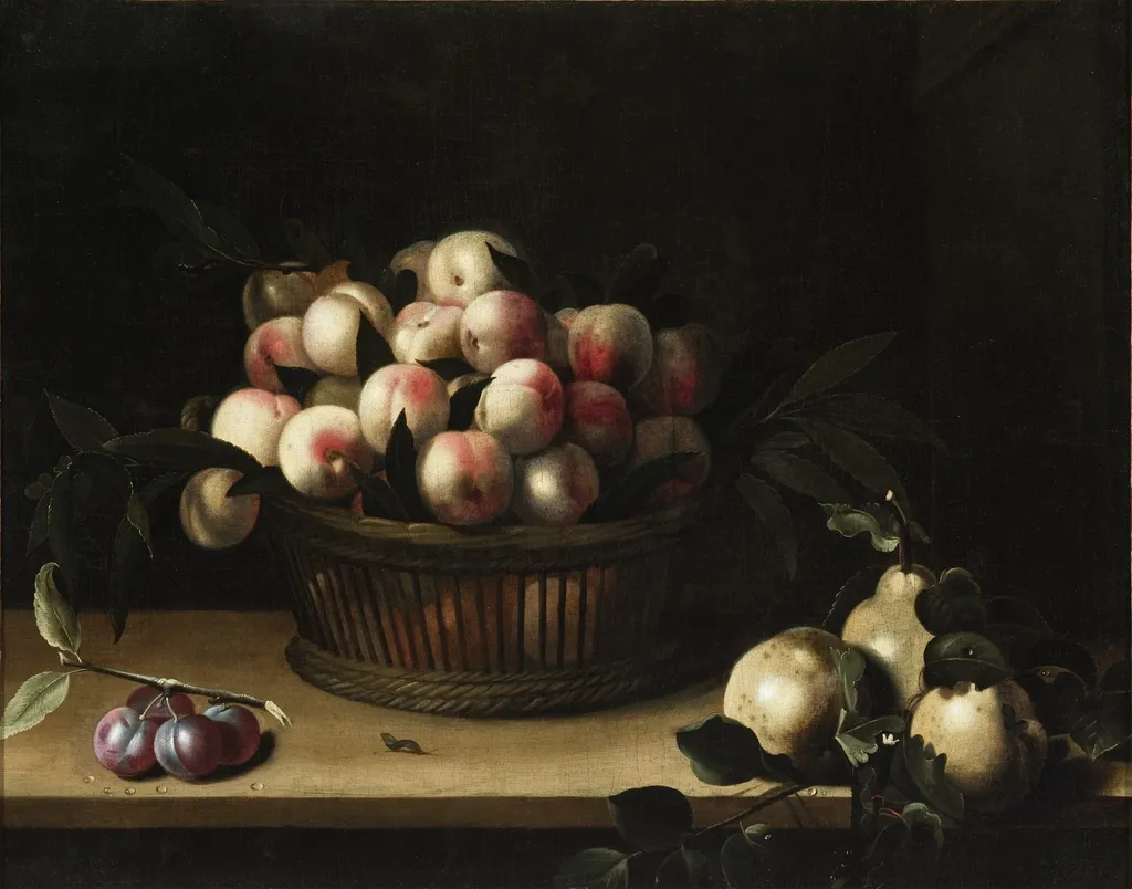 Basket of Peaches, with Quinces, and Plums, by Louise Moillon, unspecified, 1641