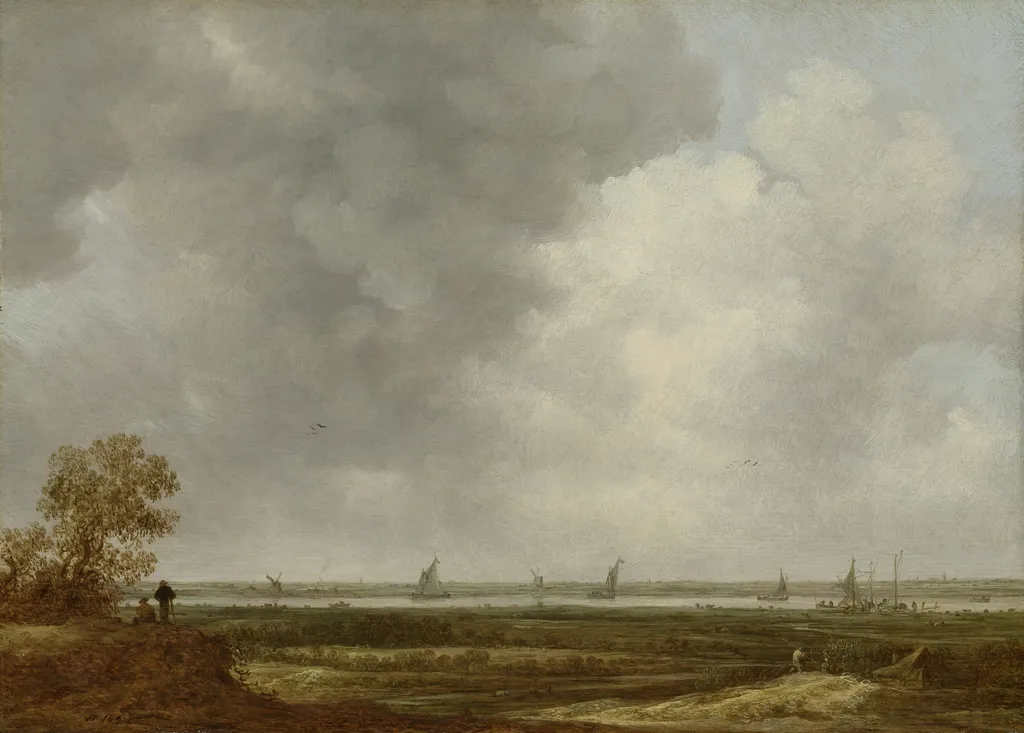 Panoramic view of a river with low-lying meadows, by Jan van Goyen, oil, 1644