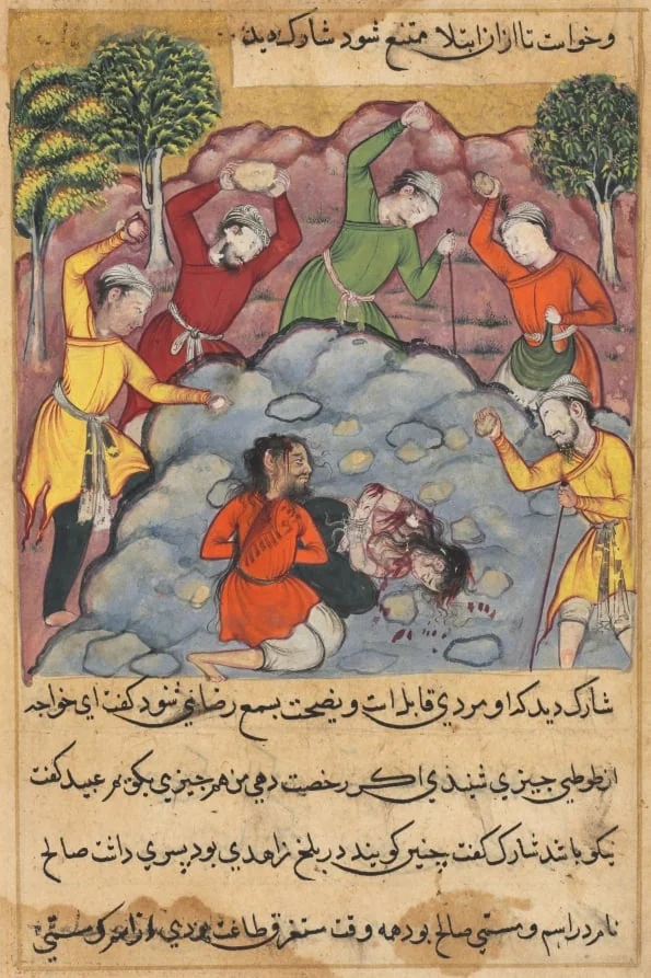 The Raja’s daughter and her lover stoned to death for adultery, from a Tuti-nama (Tales of a Parrot): Forty-Second Night, detail