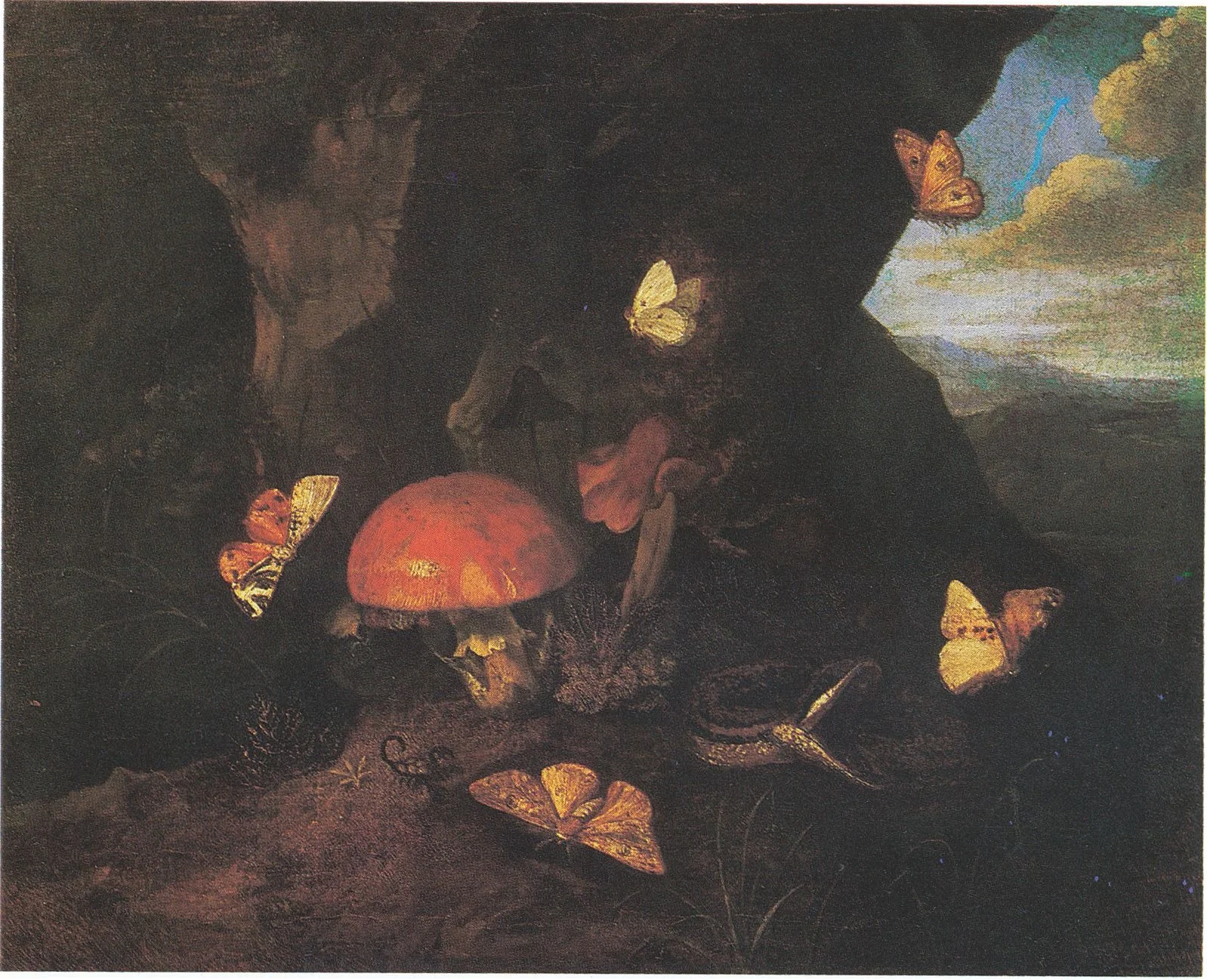 Forest floor still life with mushrooms, a snake and butterflies, detail
