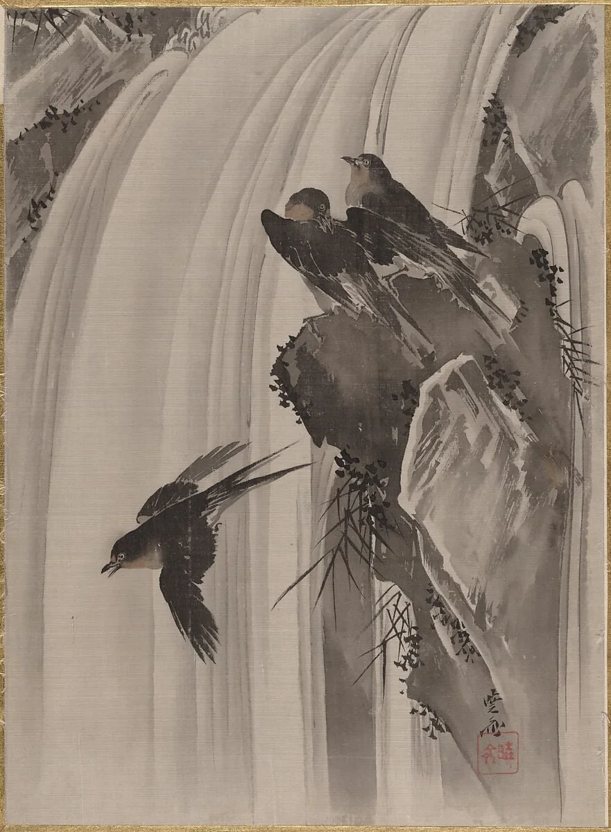 滝に燕図|Swallows by a Waterfall, detail