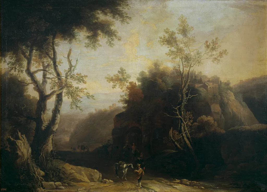 Landscape with tavern and Roman aqueduct, by Pieter Spierinckx, oil, 1601