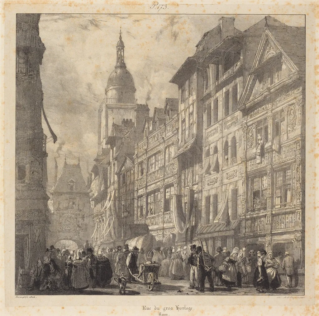 Rue du gros-horloge, Rouen, by Richard Parkes Bonington, ink, 1824