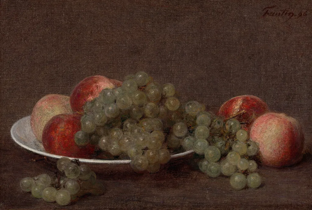 Still Life with Peaches and Grapes, by Henri Fantin-Latour, oil, 1896