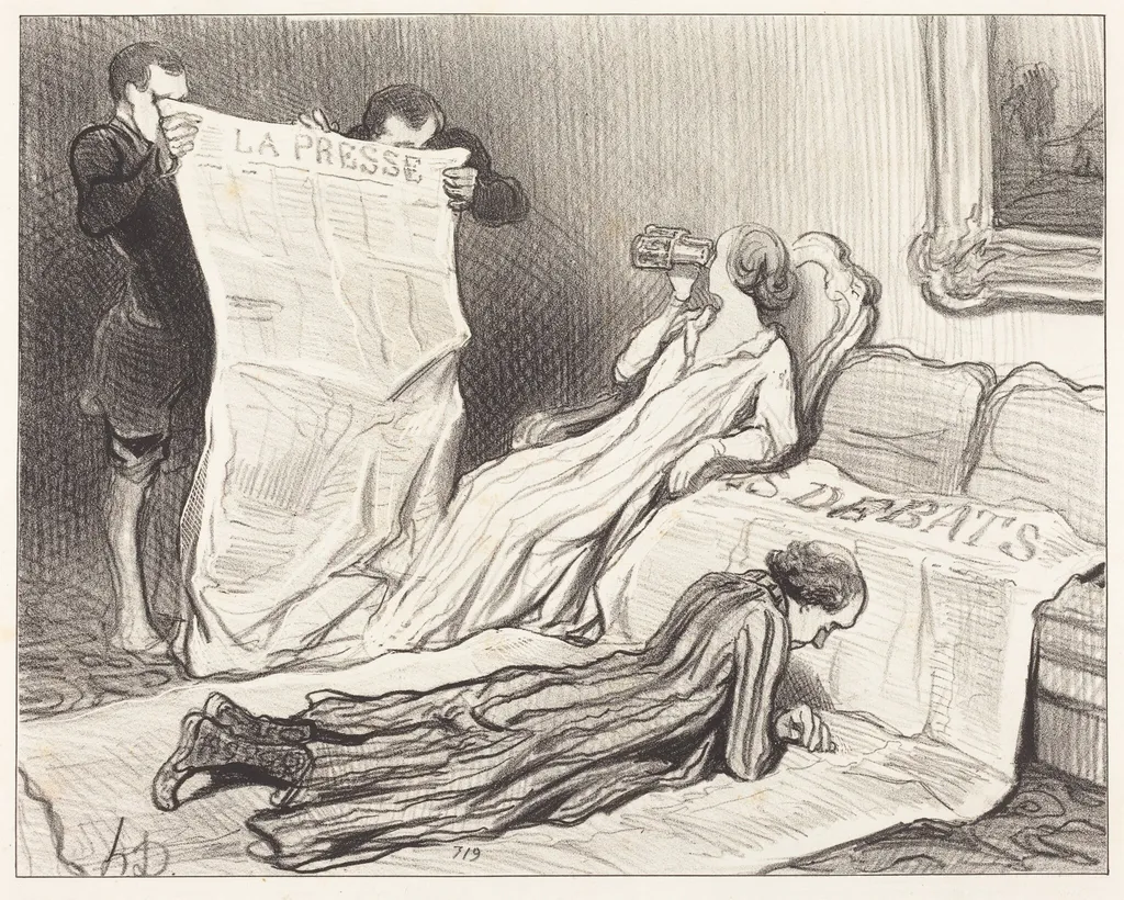 Abonnés recevant leur journal..., by Honoré Daumier, ink, 1845