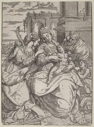 Madonna and Child with Saint Catherine, by Giovanni Gallo, ink, 1550