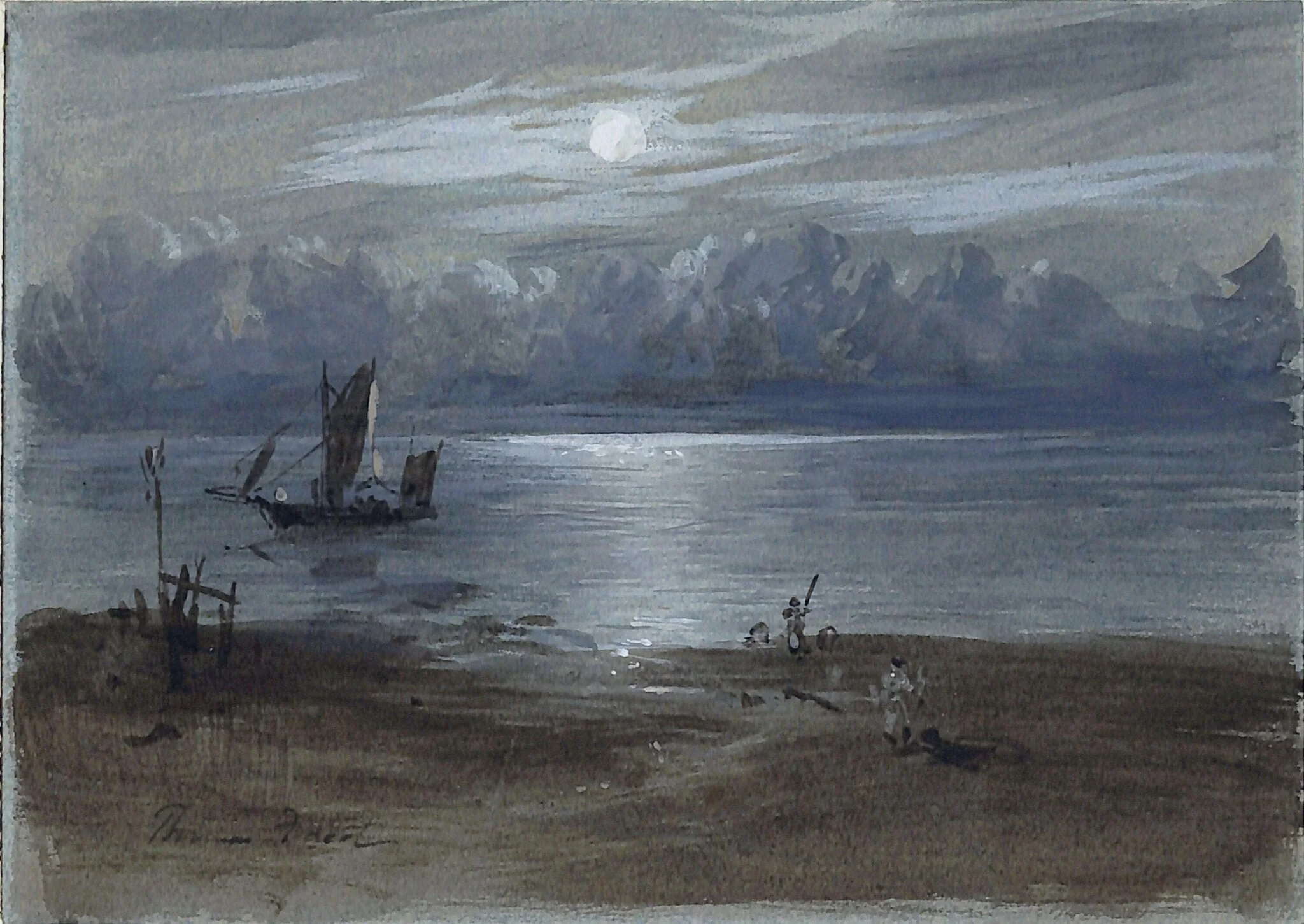 River Scene: Moonlight - A Sketch, detail
